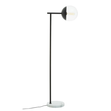 Modern floor lamp with a black base and white shade on a white background