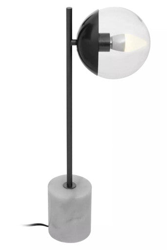 Modern table lamp with marble base, black and chrome globe, on a white background