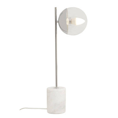 Modern table lamp with a white base and glass shade on a white background
