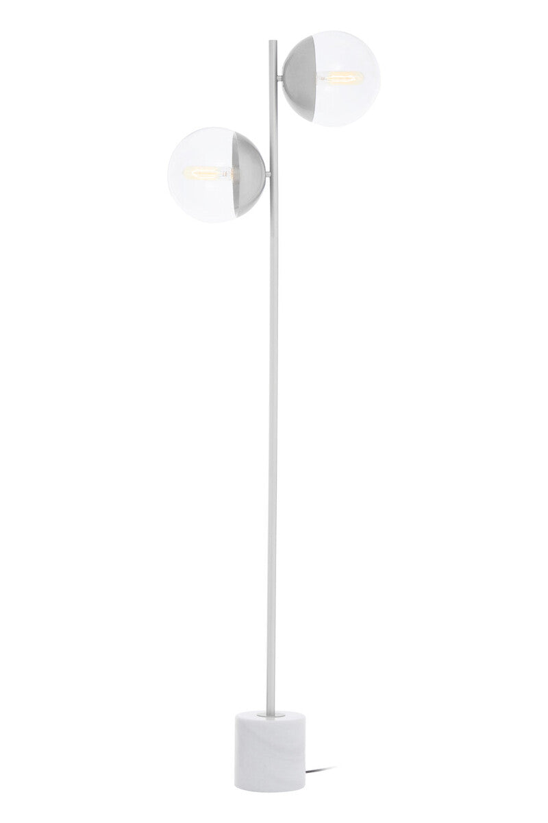 Modern floor lamp with three circular light fixtures on a white background