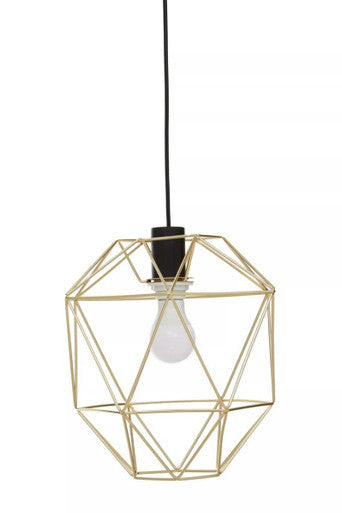 Gold geometric pendant light with a white bulb on a white background
