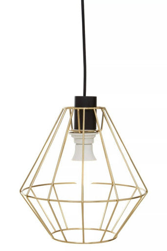 Gold geometric wire pendant light on a white background