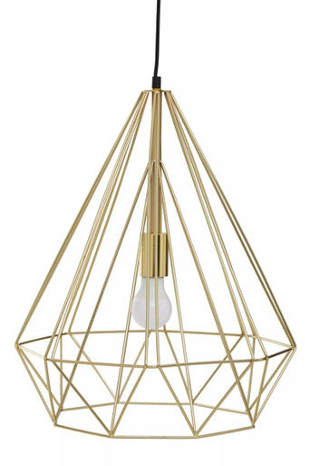 Gold geometric pendant light on a white background