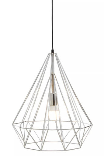 Geometric pendant light with wireframe design on a white background