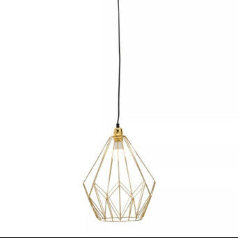 Gold geometric pendant light on a white background