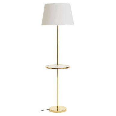 Gold floor lamp with a white shade on a white background