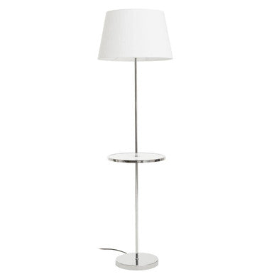 Floor lamp with a white shade and metal base on a white background