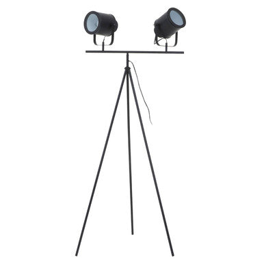 Black tripod floor lamp with two spotlights on a white background