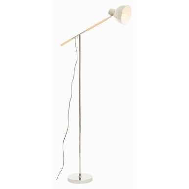 Floor lamp with a white shade and wooden arm on a white background