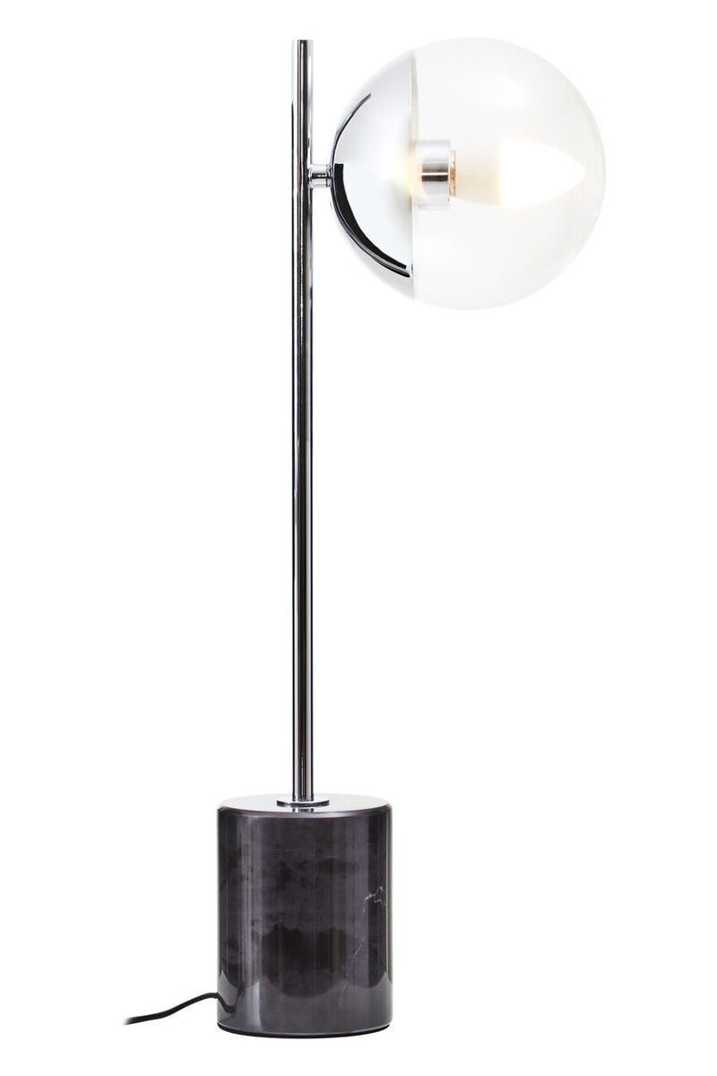 Modern floor lamp with a black base and glass shade on a white background