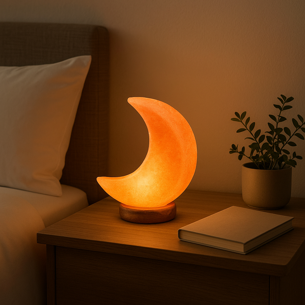 Moon-shaped lamp on a bedside table with a book and plant in a dimly lit room.