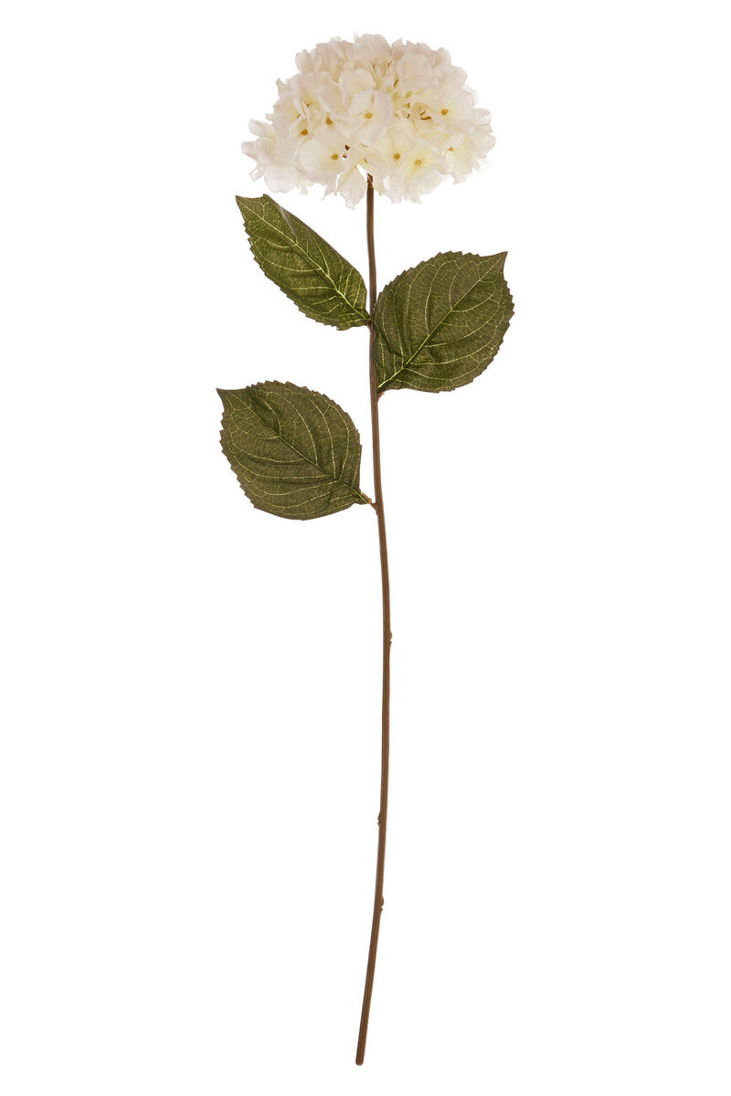 Artificial flower stem with white flowers and green leaves on a white background