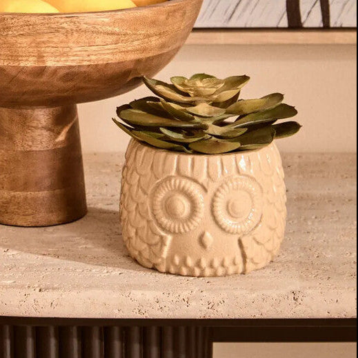 Wooden bowl with lemons on a table next to a small plant, with abstract art in the background.