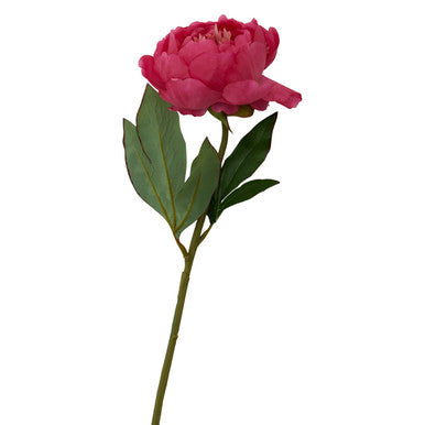 Single pink artificial flower with green leaves on a white background