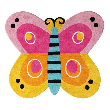Colorful butterfly-shaped rug with pink, yellow, and blue wings on a white background