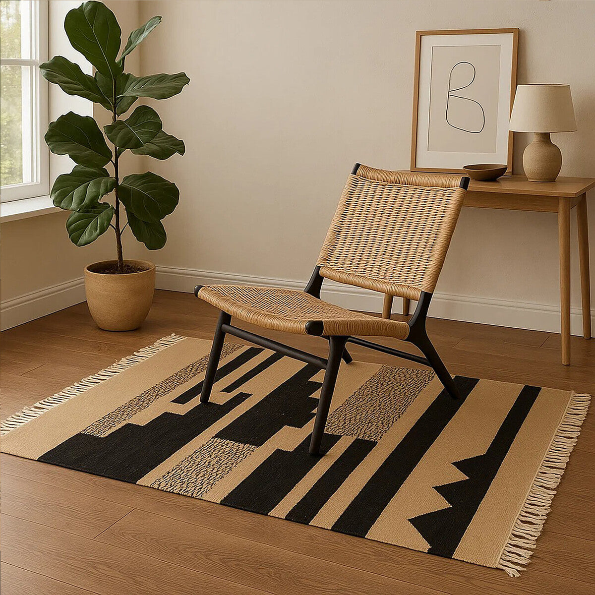 Wicker chair on a patterned rug with a plant and table in the background