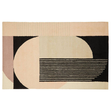 Rug with geometric design featuring circles and lines on a beige background