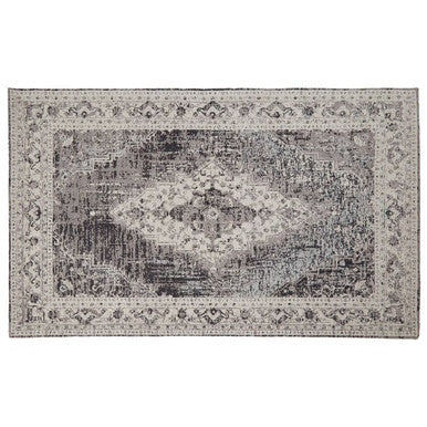 Decorative rectangular rug with intricate patterns on a plain background