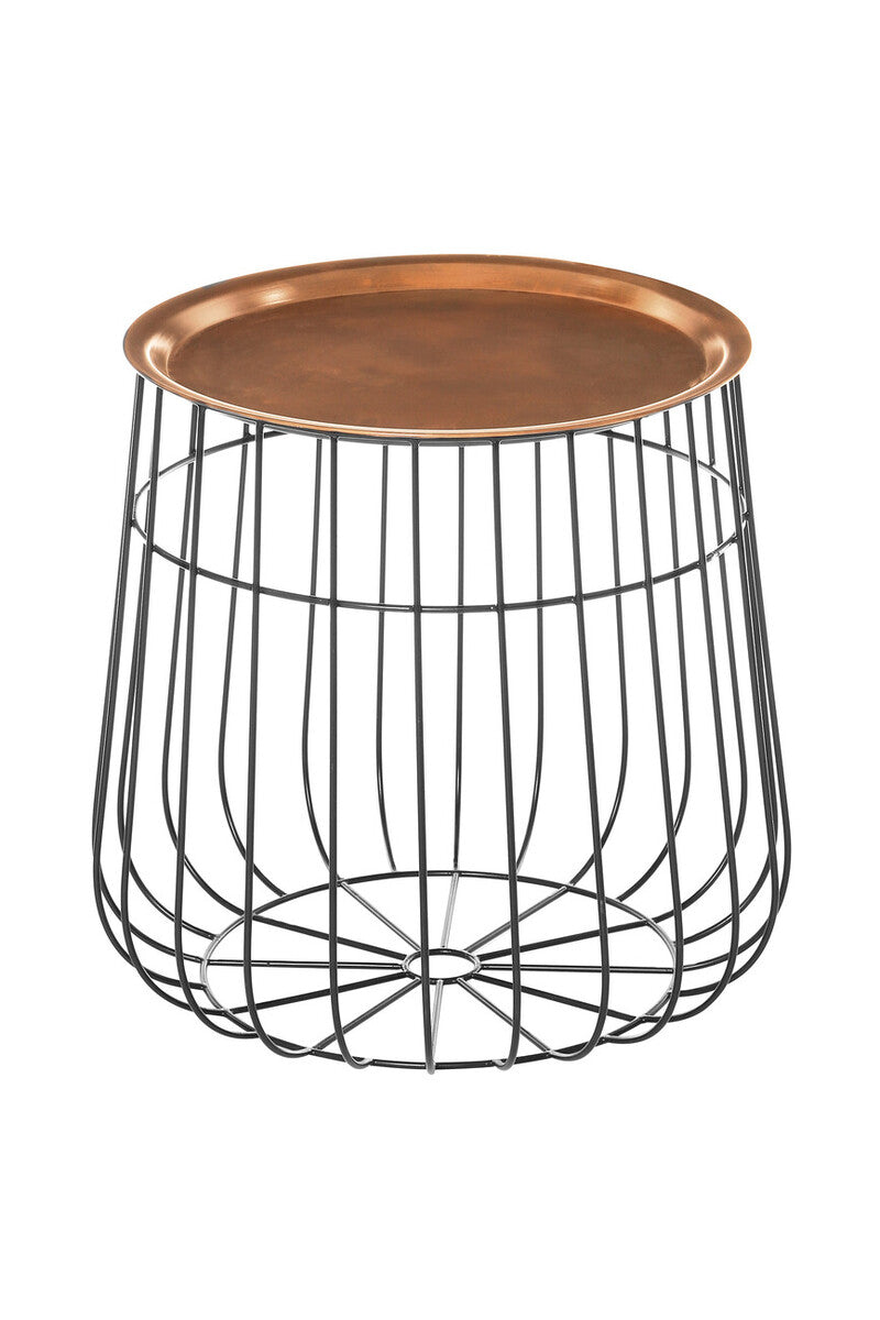 Wire side table with a copper top on a white background
