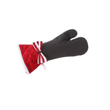 Black oven mitt with red and white pattern on a white background