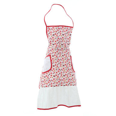 Floral apron with a red border on a white background