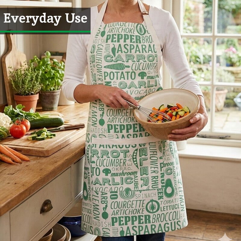 Person wearing a green apron with vegetable prints, holding a bowl of salad in a kitchen.