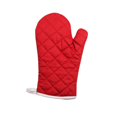 Red quilted oven mitt on a white background