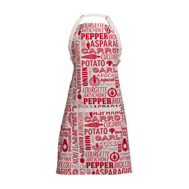 White apron with red text pattern on a white background