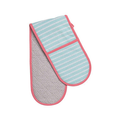 Pair of oven mitts with striped pattern on a white background