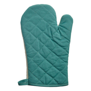 Teal quilted oven mitt on a white background