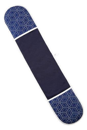Navy blue oven mitt with geometric pattern on a white background