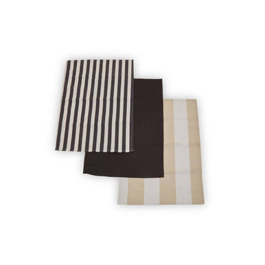 Set of four striped towels in black, white, beige, and brown on a white background