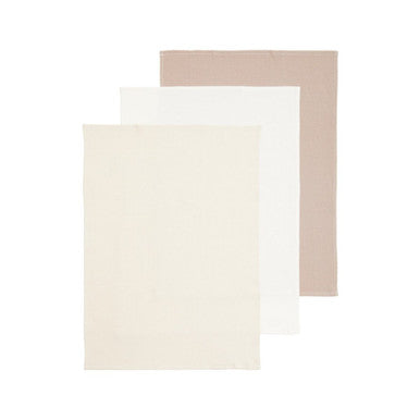 Two rectangular towels, one beige and one white, on a white background