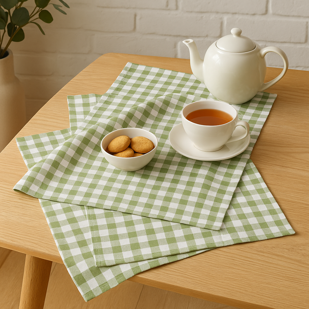 Tea set with a teapot, cup, and cookies on green checkered placemats.