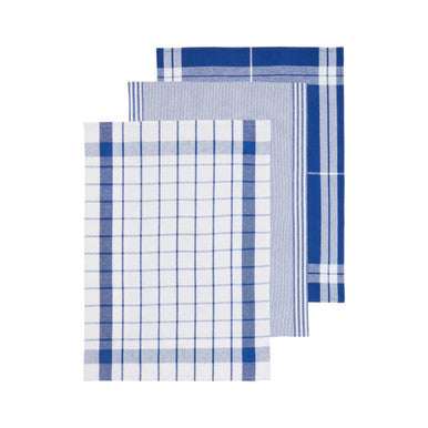 Set of three blue and white checkered towels on a white background