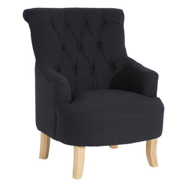 Black upholstered armchair with wooden legs on a white background