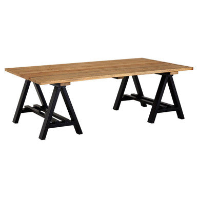 Wooden table with black metal legs on a white background