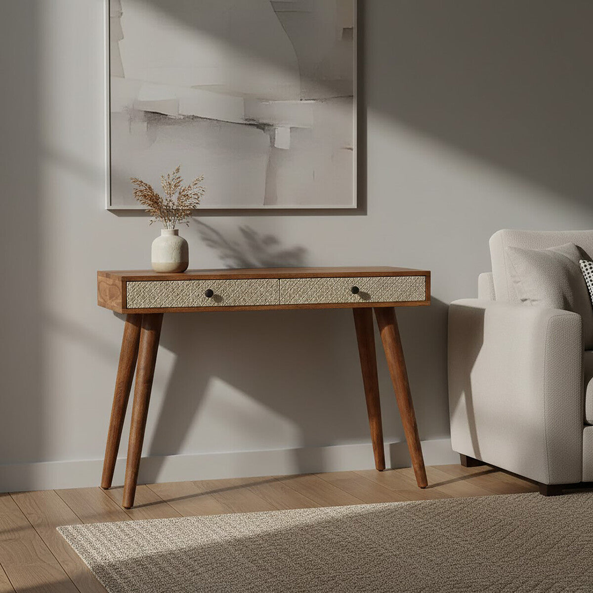 Natural Acacia Wood Console Table with Silver Metal Drawer Fronts, Boho
