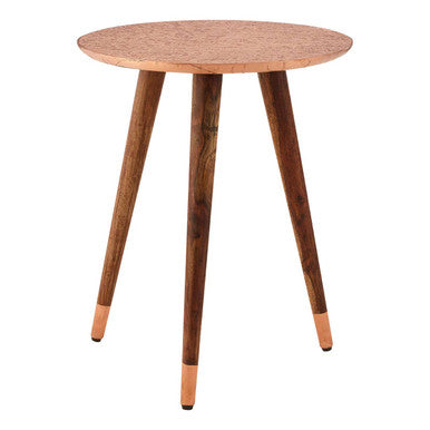 Wooden side table with a round top and four legs on a white background