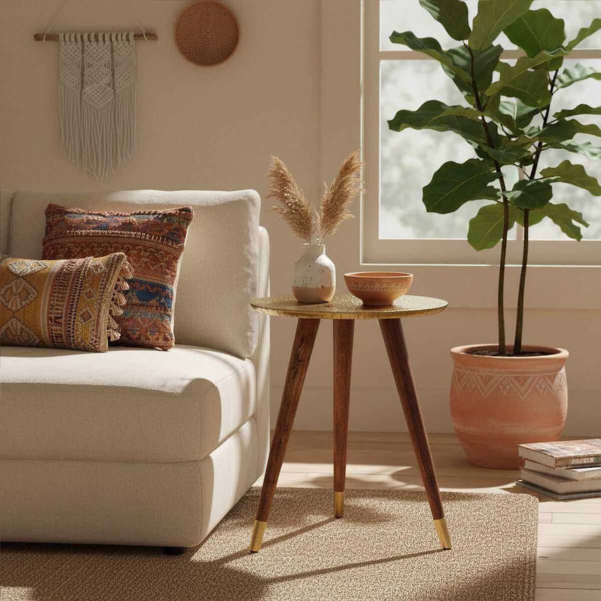 Boho Gold Finish Carved Metal Top Side Table