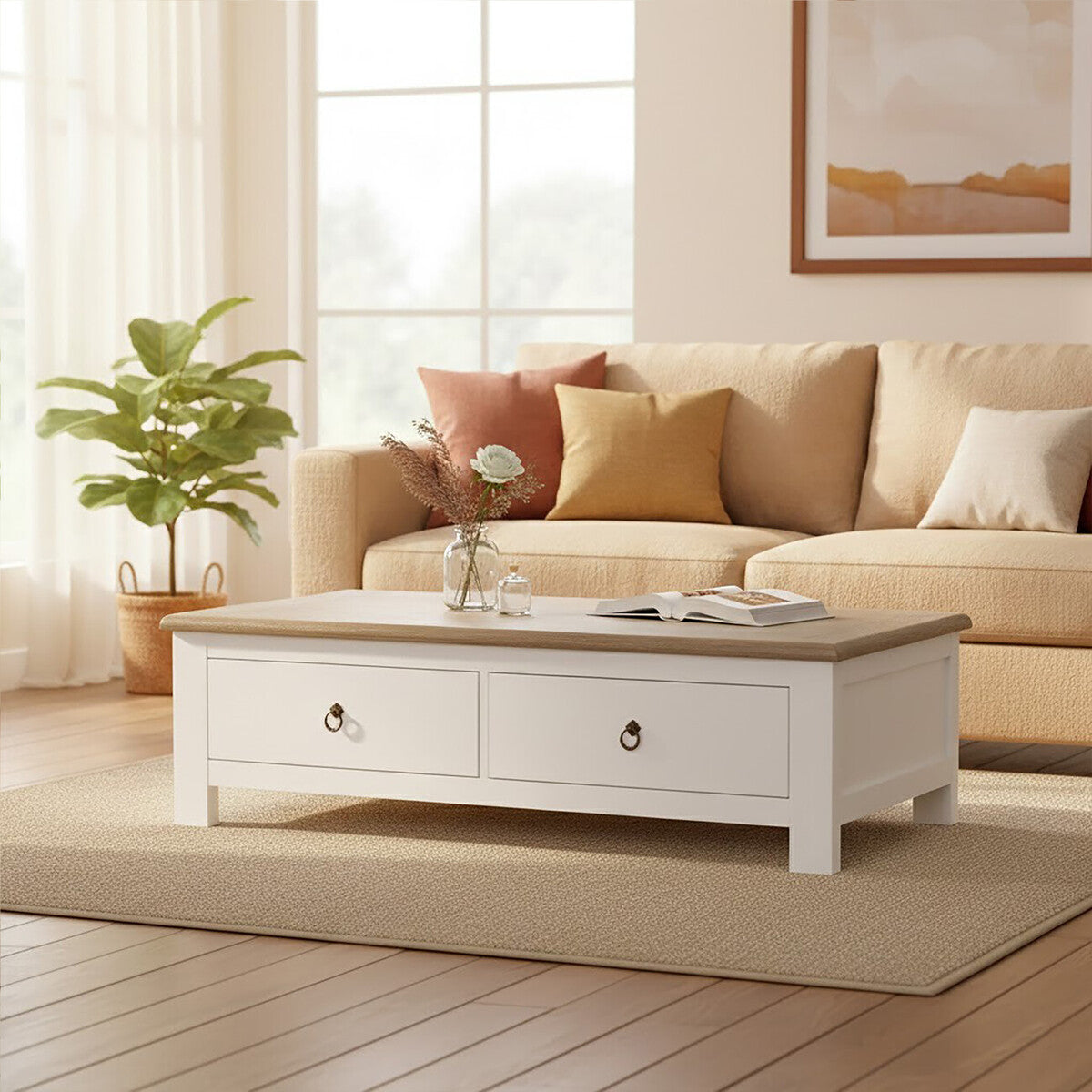 Living room with a beige sofa, white coffee table, and decorative elements.