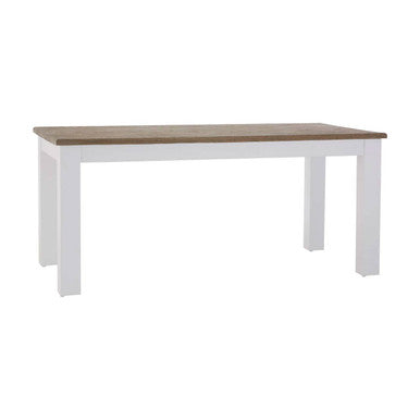 White dining table with a wooden top on a white background