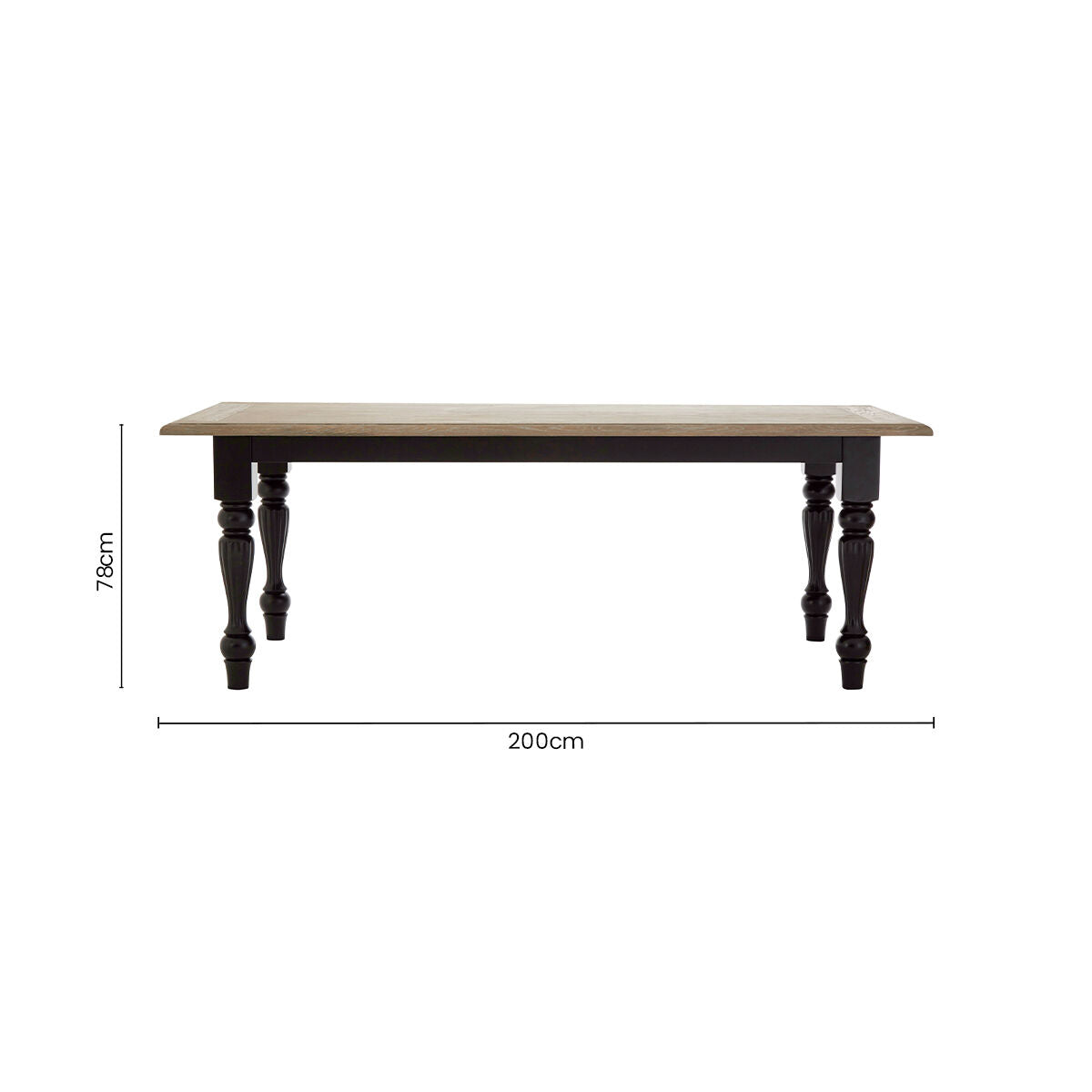 Natural Oak Veneer Wooden Dining Table with Black Carved Birchwood Legs, Kensington Townhouse