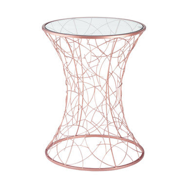 Concave Glass Top Side Table with Rose Gold Finish Iron Frame, Lexa