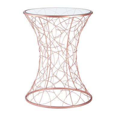 Concave Glass Top Side Table with Rose Gold Finish Iron Frame, Lexa