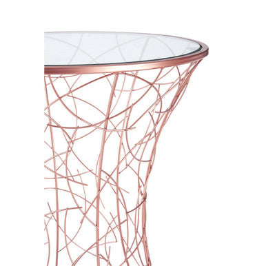 Concave Glass Top Side Table with Rose Gold Finish Iron Frame, Lexa