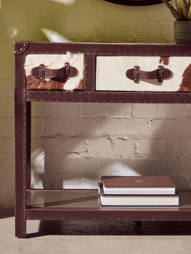 Kensington Townhouse Brown And White Genuine Cowhide 3 Drawer Table - Image 4