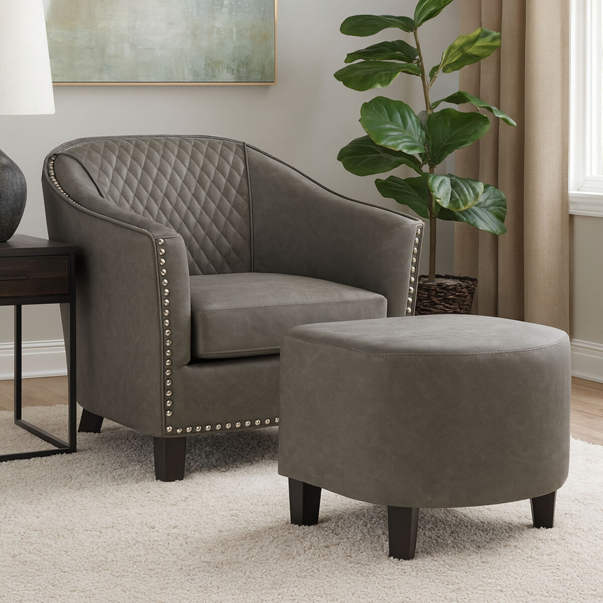 Derby Grey Faux Leather Tub Chair With Footstool