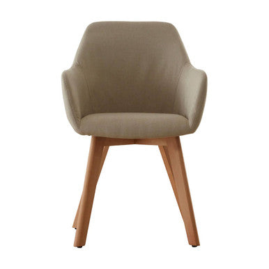 Chair with brown cushioned seat and wooden legs on a white background