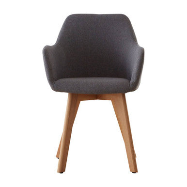 Gray upholstered chair with wooden legs on a white background